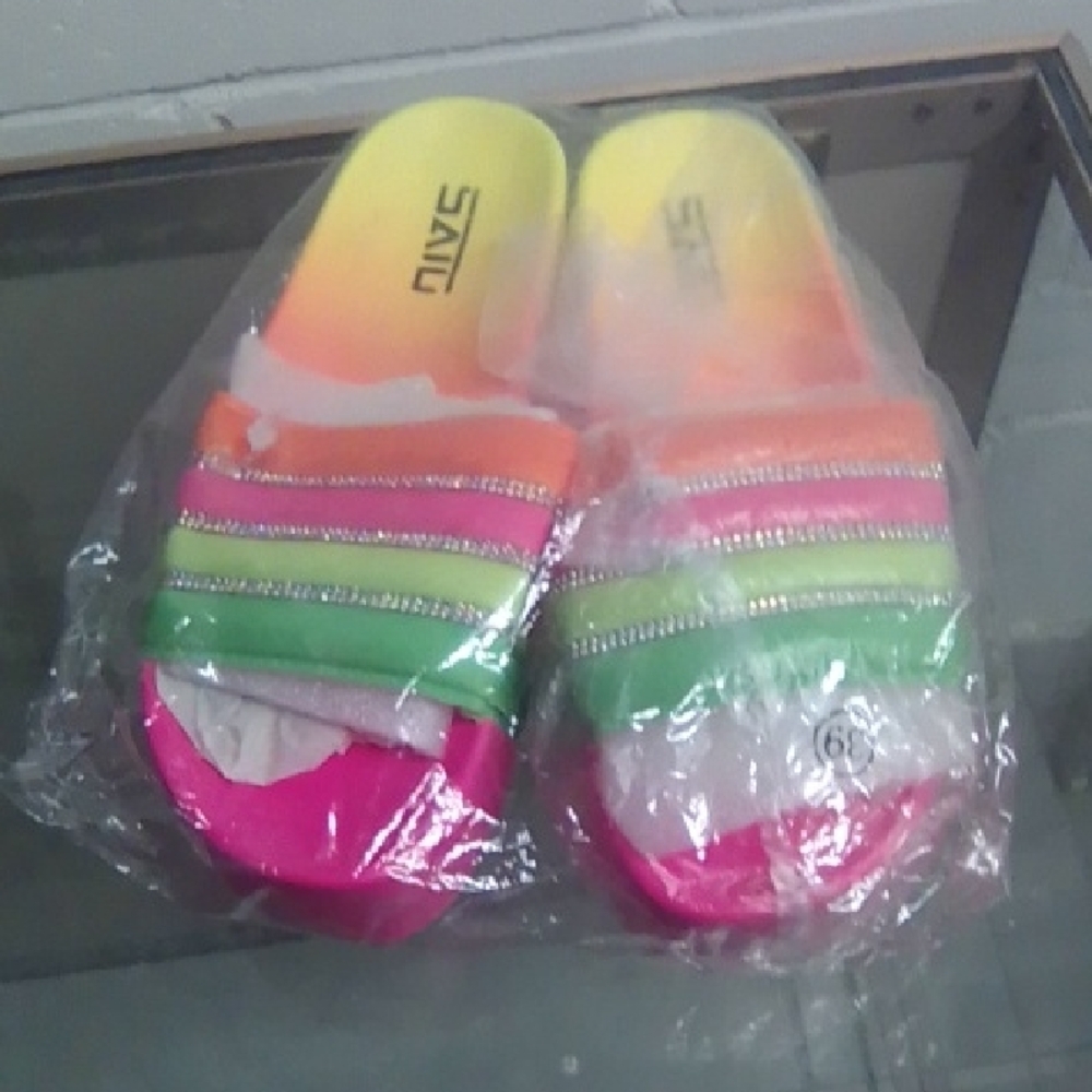 Colorful Slide Sandals with Rhinestone Accents